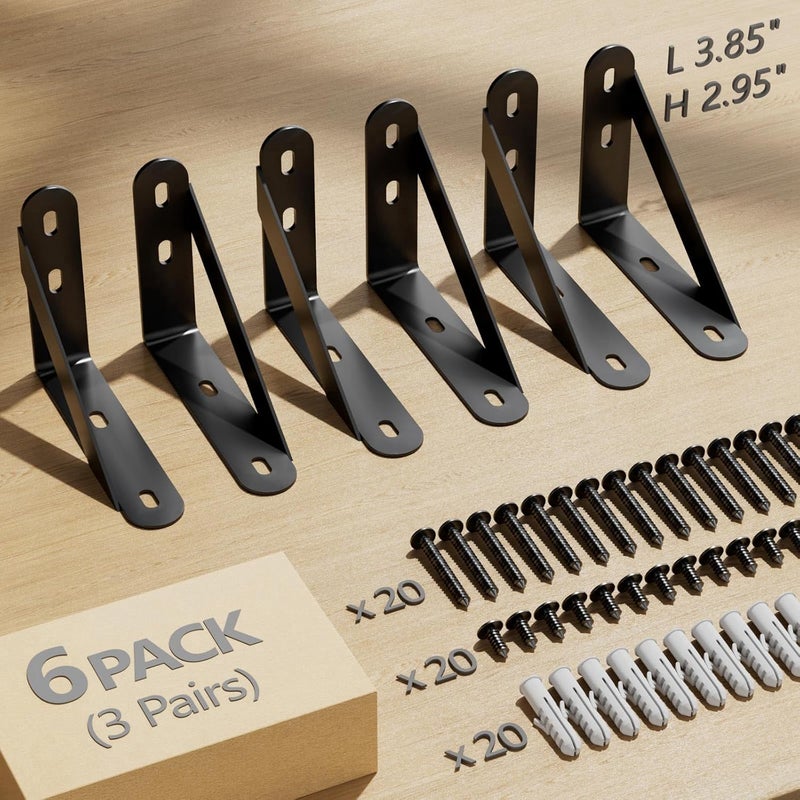 COCOYA 4x3 Shelf Brackets 6-Pack, Shelf Support Shelf Holder Steel Wall Mount Heavy Duty Small L Shape Triangle 90 Degree Metal Black with Screws Anchors Soporte de Estante - Image 2